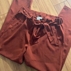 Womens copper burnt orange dress pants, cinched waist tie front
